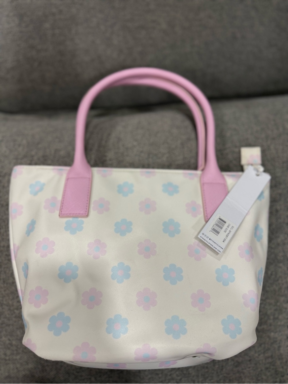 Stoney Clover Lane Cream Tote with Pink Handles and Pastel Flower Print